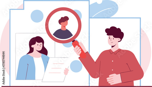 Talent acquisition specialist reviewing resumes with magnifying glass and finding perfect candidate for job opening in recruitment process, hiring solutions