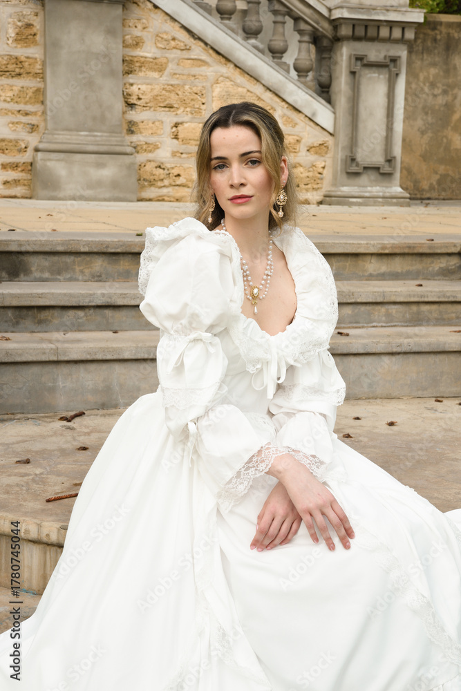 Obraz premium figure of female blonde model wearing white fantasy wedding gown. romantic sitting pose on staircase of historical fairytale castle location 