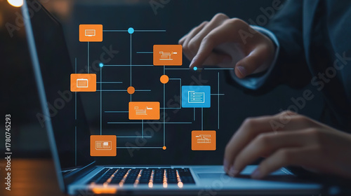Workflow automation and business process mapping concept. Businessman touching flowchart interface, representing workflow automated, process planning, business flow, system optimization,