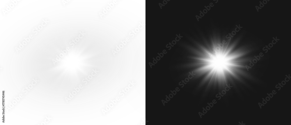Fototapeta premium Yellow star flashed with sparkles sun isolated on white background. Soft glow without departing rays, sunlight with lens flare effect. PNG vector light effect.