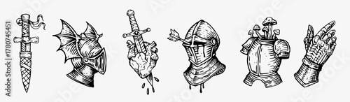 Hand-drawn medieval weapon and armor collection in engraving style. Includes dagger, sword piercing a heart, knight helmets, chest armor with mushrooms, and gauntlet.