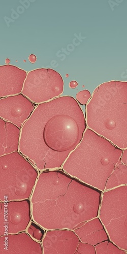 Macro view of cracked pink clay surface with large water drop on green background Concept of natural texture and skincare inspiration