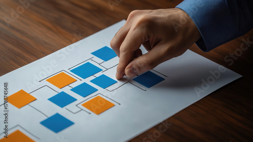 Workflow automation and business process mapping concept. Businessman touching flowchart interface, representing workflow automated, process planning, business flow, system optimization,