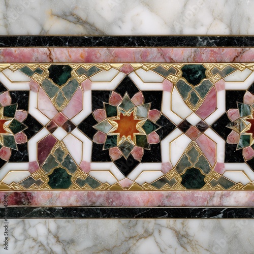 Luxurious marble mosaic with symmetrical geometric ornament in green pink and white tones Concept of interior elegance and architectural heritage