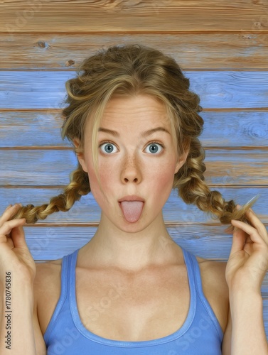 Playful blonde woman making funny face and pulling braids in front of wooden wall Concept of youthful humor and spontaneous emotion