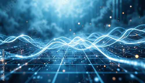Abstract Blue Digital Energy Waves Flowing Over a Futuristic Grid.
