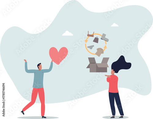 Second hand clothes purchase for textile product reusage tiny person concept.Zero waste cycle.life and employment of people.