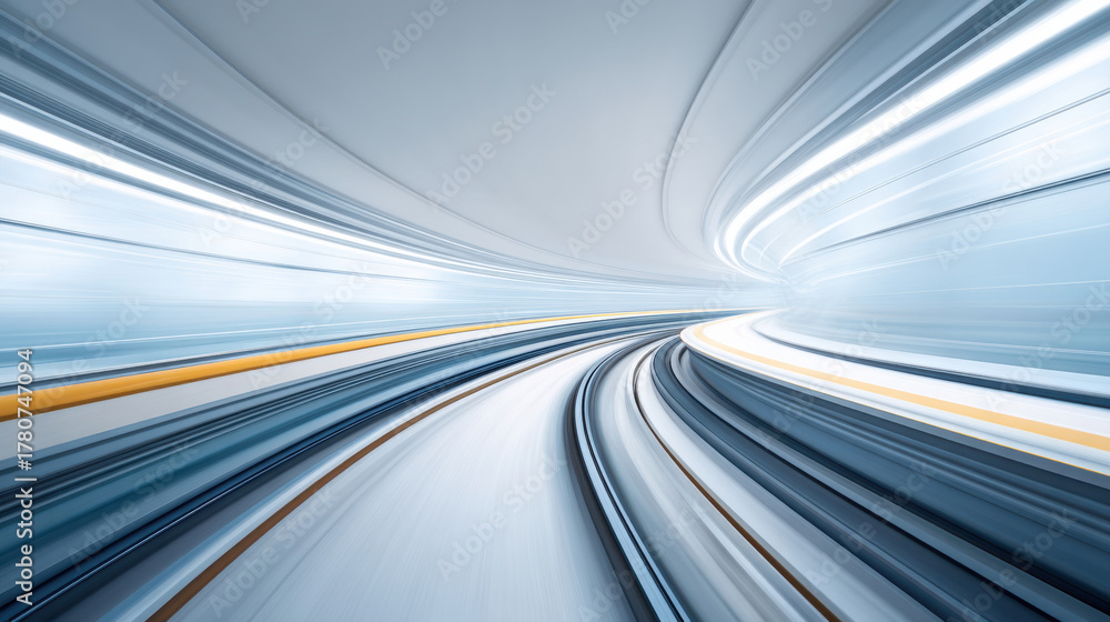 Fototapeta premium A dynamic abstract depiction of a futuristic train track swirling through a modern tunnel.