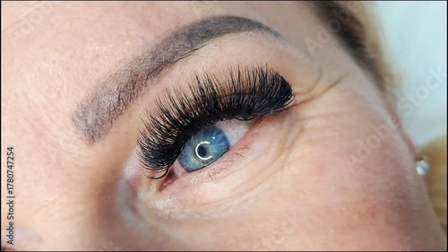 Close up of female eye with eyelash extensions ,eyelash extension procedure.2d volume, 3d volume, classical lashes,Russian volume,mega volume, new set.
