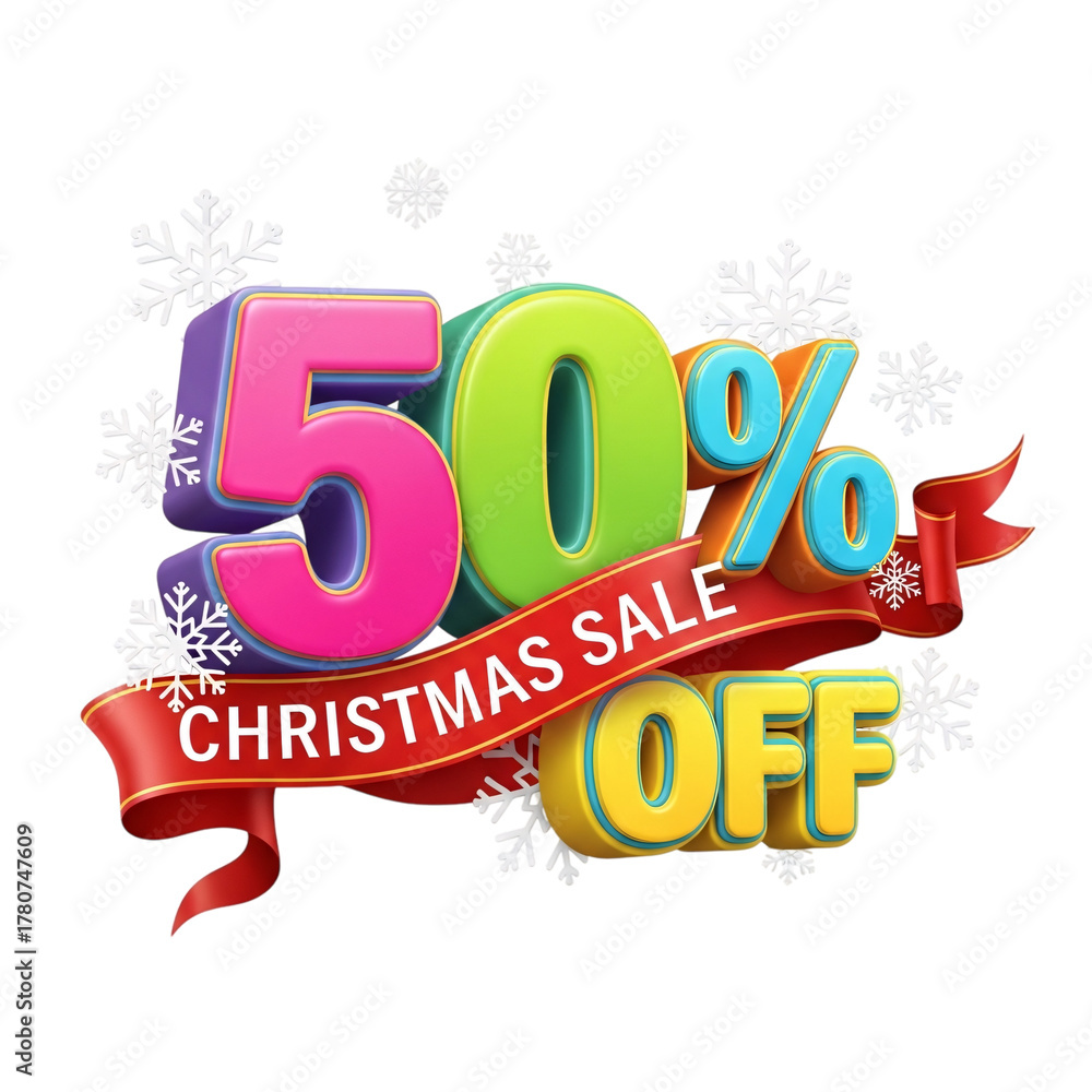 Fototapeta premium Fifty percent Christmas sale off with colorful 3d text on red ribbon and snowflakes