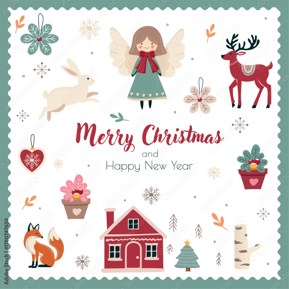 Fototapeta premium Christmas card with vector image in Scandinavian style of angel, reindeer, fox, Christmas tree toys, cozy house