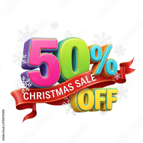 Fifty percent Christmas sale off with colorful 3d text on red ribbon and snowflakes