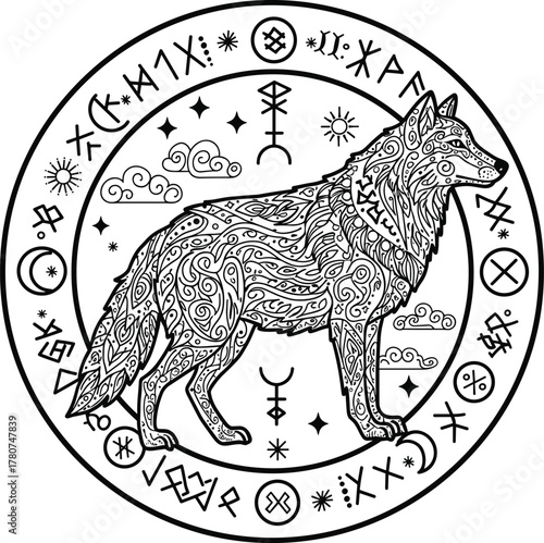 Mystical wolf illustration, tribal animal artwork, Norse rune circle, fantasy design, spiritual symbolism, decorative pattern, magical glyphs, mythological creature art