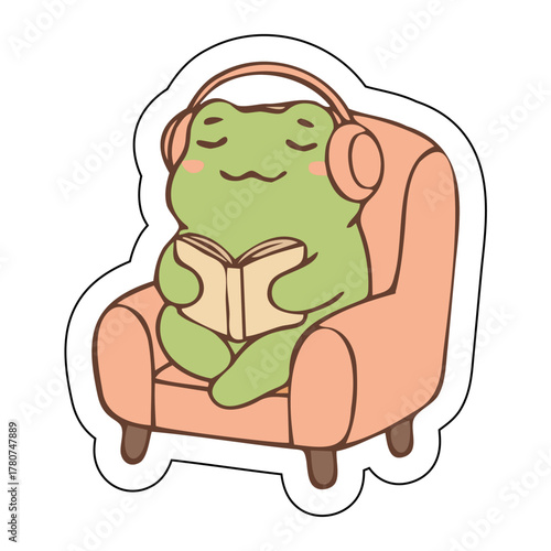 cute frog listening music reading book sticker