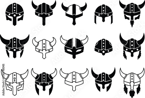 Viking helmet icons, black and white vector set, Norse warrior headgear, medieval armor symbols, stylized Scandinavian battle helmets