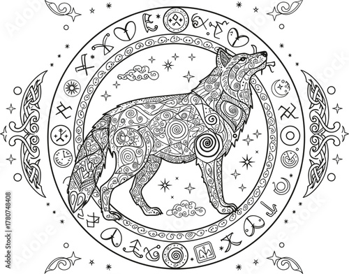 Howling mystical wolf illustration, Celtic symbols, magical nature art, black and white line drawing, spiritual animal, fantasy creature, esoteric design