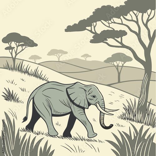 Elephant walking in african savanna landscape with trees and hills