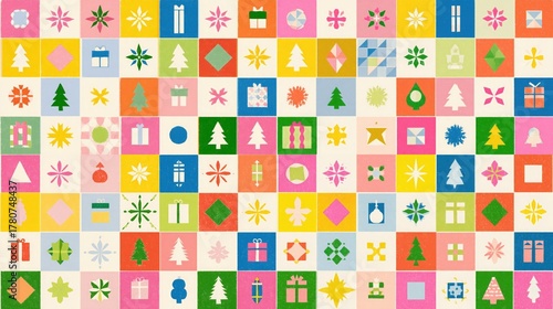 Christmas Retro Pattern Grid with Colorful Icons Like Tree, Gift, Snowflake, Festive Design Element for Wallpaper Poster Banner in Holiday Celebrations and Seasonal Greetings