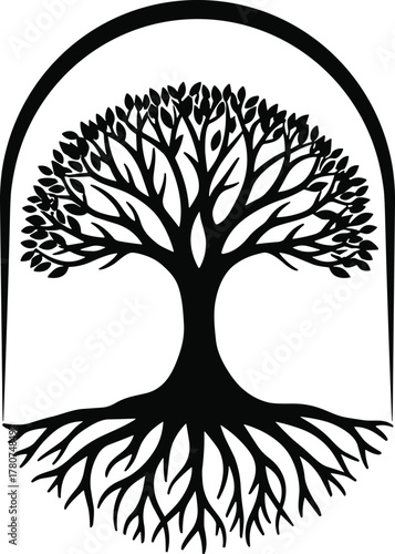 Tree silhouette, arch frame, nature symbol, root and branch, balance concept, black vector, spiritual design, growth, symmetry, grounded life