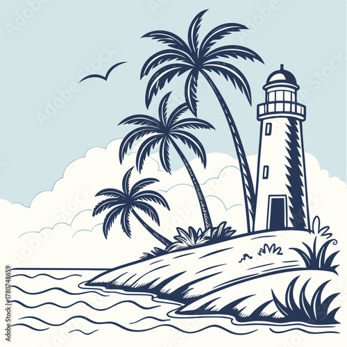 Lighthouse on tropical island, vector illustration