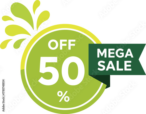 Green circular badge with off 50 and mega sale banner, indicating a significant discount