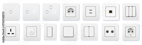 Realistic socket and switch. Interior wall outlets or electric connectors. Switches and sockets set Different square types. Vector