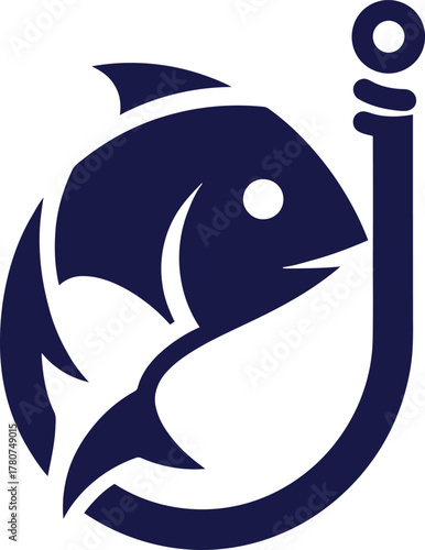 Stylized dark blue fish hooked on a fishing hook