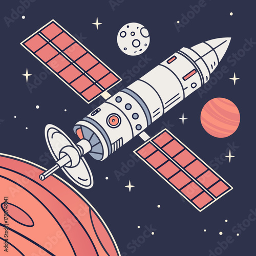 Satellite orbiting planets with stars in the background of deep space