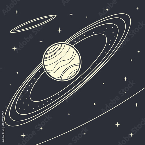Saturn planet with rings and stars in space on dark background illustration