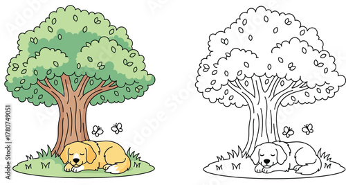 Adorable Puppy Sleeping Peacefully Under a Tree on a Grassy Hill - Cute Cartoon Dog Outline for Coloring Book or Kids Activity