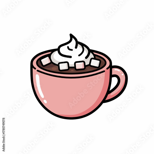 Cute Pink Mug of Hot Chocolate with Marshmallows and Whipped Cream