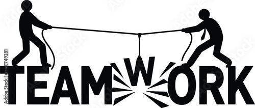 Teamwork concept with two silhouetted people pulling a rope over the word teamwork