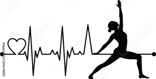 Yoga pose with heartbeat line and heart symbol