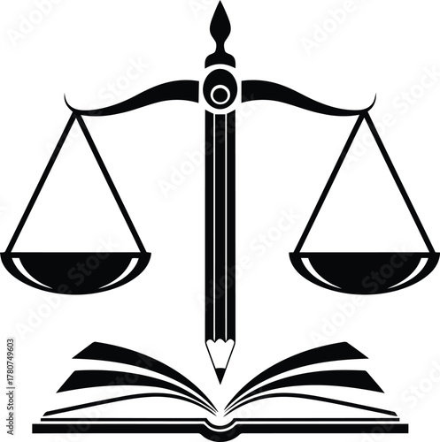Scales of justice balanced over an open book with a pencil