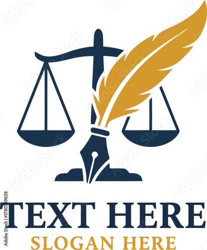 Law scales with quill pen and text placeholder