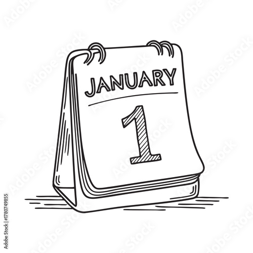 New Year calendar page for January shown upright on a table stand