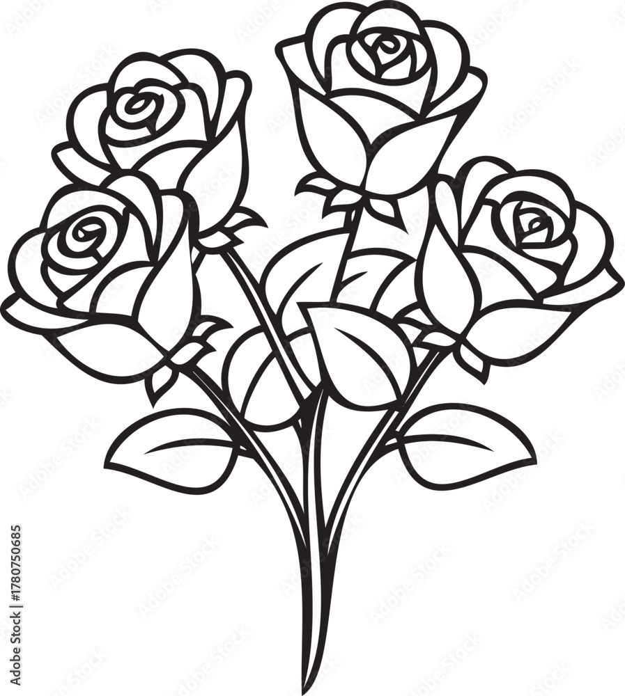Obraz premium Bouquet of Roses 3–5 Blooms in Outline Vector Greeting Card
