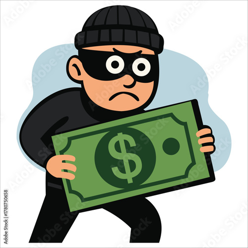 Angry thief holding money, a cartoon depiction of crime and financial theft