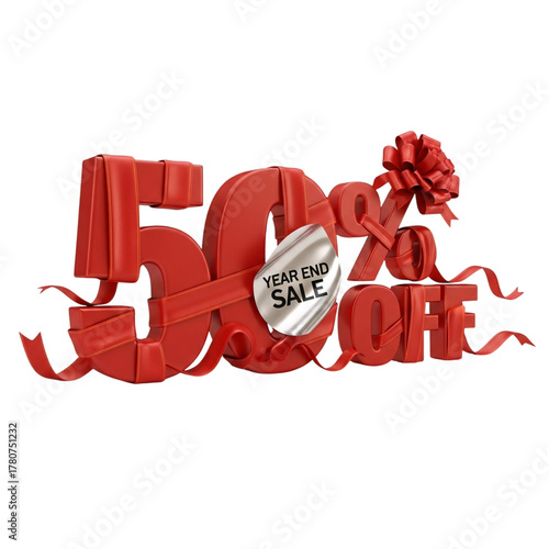 Red 50 percent off year end sale discount with intertwined decorative ribbon and metallic sticker
