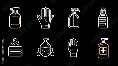 Line art of cleaning and protection supplies on a black background display