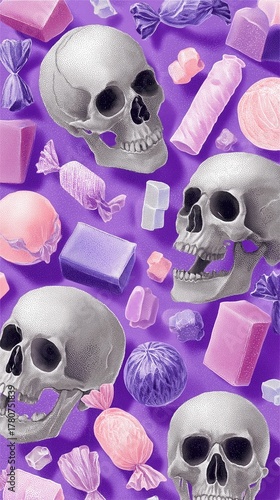 Halloween Skull and Candy Pattern with Dot Art Style on Purple Background, Edgy Decorative Design Element for Wallpaper Poster Banner in Spooky and Alternative Art Projects