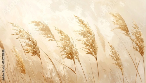 Golden reeds swaying gently in the breeze against a soft, neutral background.