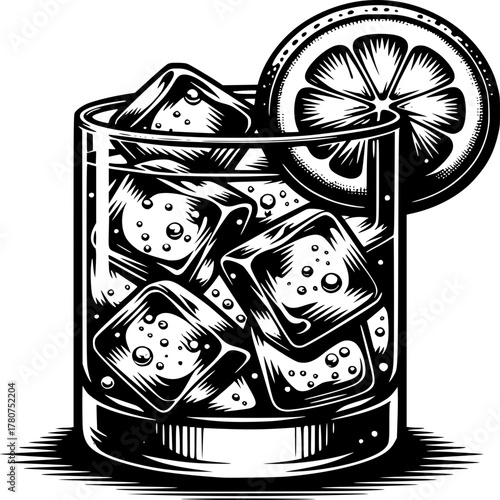 Iced Refreshment: A striking black and white illustration of a refreshing beverage, brimming with ice cubes and garnished with a citrus slice, ideal for representing thirst-quenching moments.