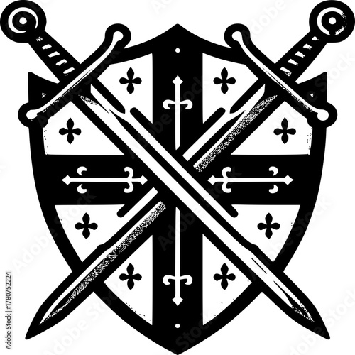 Shield of Valor: A classic heraldic design featuring a shield emblazoned with a cross, flanked by crossed swords, embodies strength and honor.