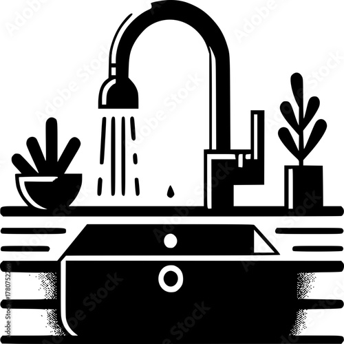 Monochrome Kitchen Sink: An illustration showcasing a sleek, minimalist kitchen sink design, with water cascading gracefully, alongside decorative elements enhancing the ambiance.