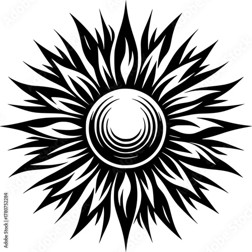 Radiant Solar Burst: A striking monochrome depiction of the sun bursts forth with dynamic energy, showcasing its powerful rays emanating outward in a captivating display of light.