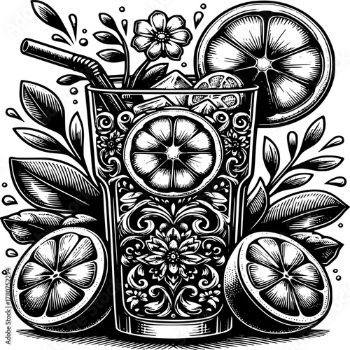 Zesty Citrus Symphony: A monochrome illustration showcases a refreshing beverage, adorned with slices of juicy citrus and botanical embellishments, exuding a sense of pure, revitalizing refreshment.