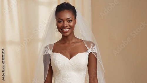 A smiling Black woman wearing a white wedding dress.
