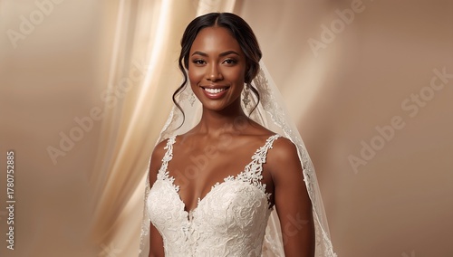 A smiling Black woman wearing a white wedding dress.
