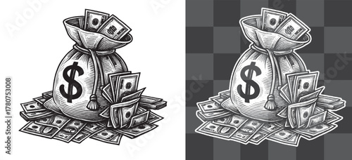 Vintage Engraved Vector Illustration of Money Bag Overflowing with Cash and Dollar Sign Perfect for Financial Business Concepts Wealth Banking Savings and Economic Graphic Design Decoration